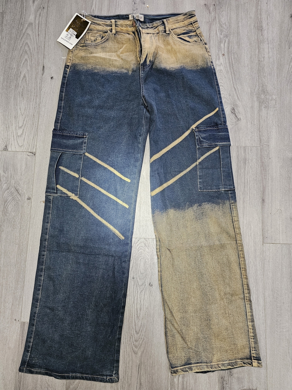 Bleached Two-Tone Cargo Jeans with Yellow Stripe Accents
